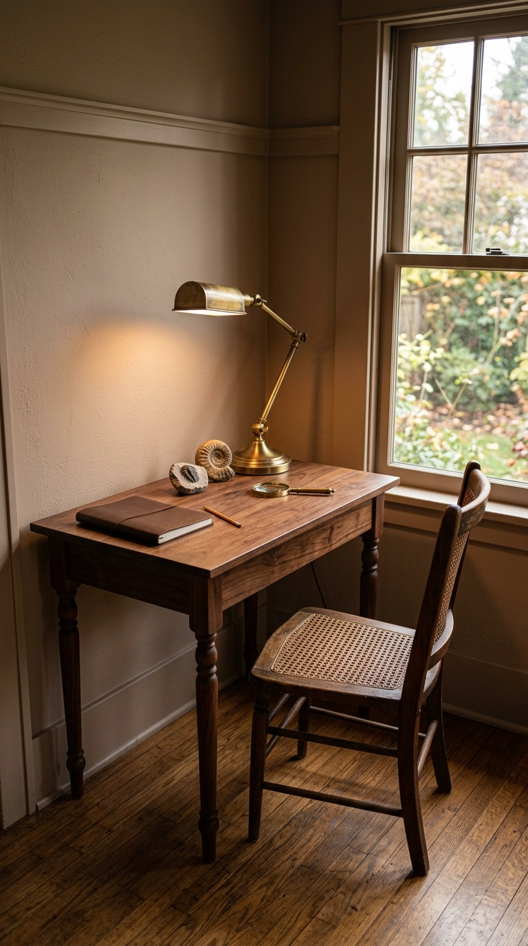 Walnut writing desk with brass task lamp, magnifier and fossil specimens in a dinosaur bedroom