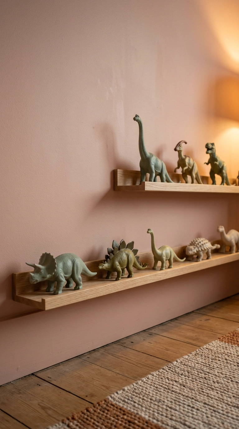 Two low oak picture ledges displaying muted-color toy dinosaur figures in a child's dinosaur bedroom