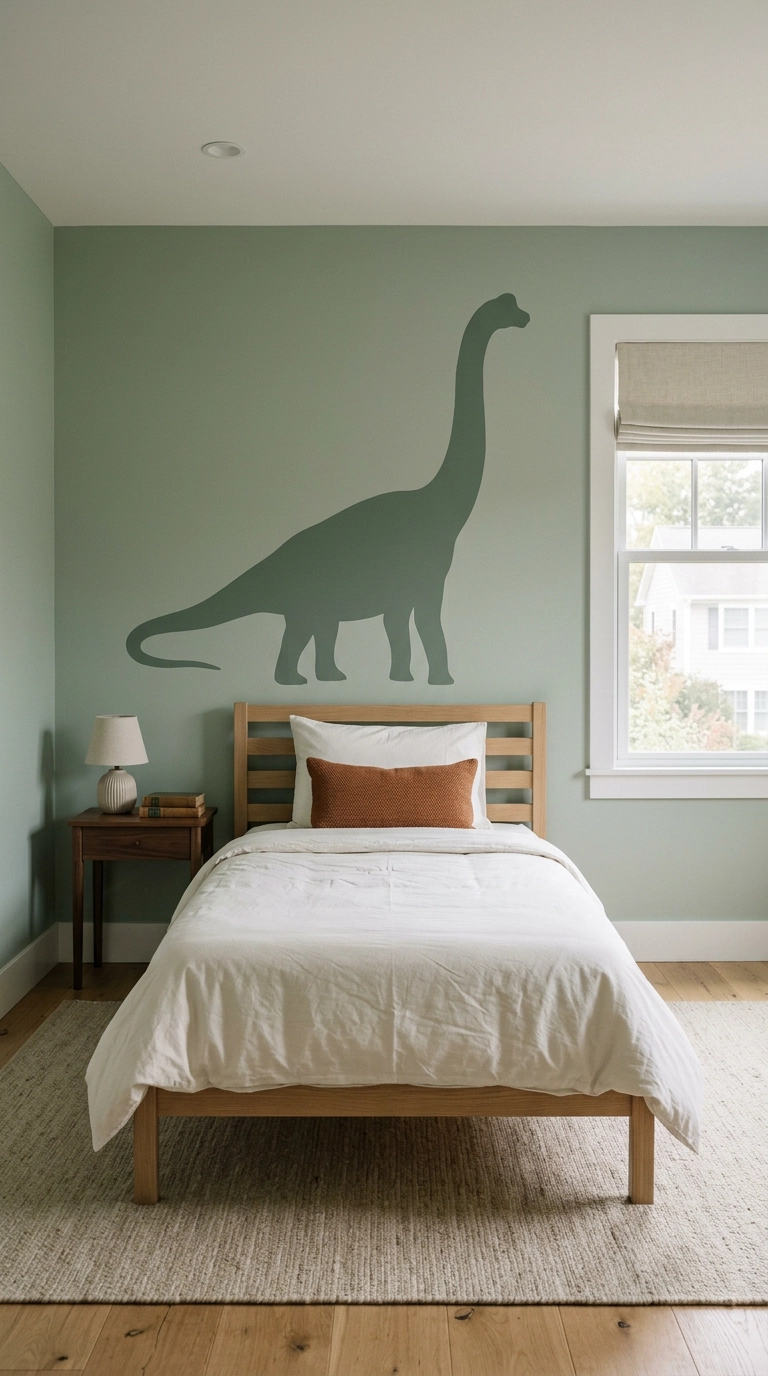 Sage green dinosaur bedroom with a large tone-on-tone brachiosaurus silhouette painted behind a white oak twin bed