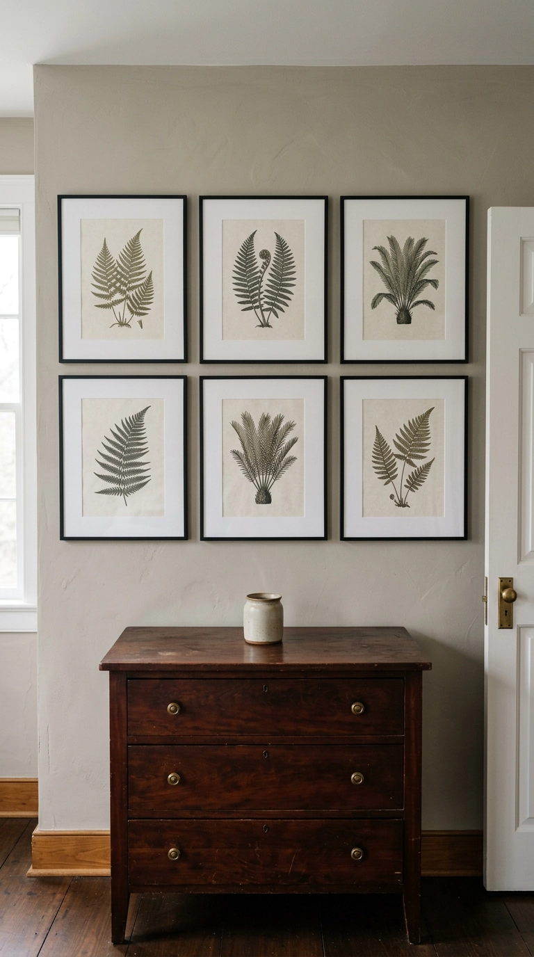 Grid of six framed prehistoric fern botanical prints above a dark wood dresser in a dinosaur bedroom