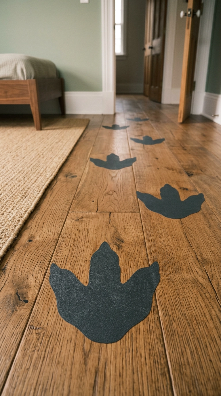 Charcoal three-toed dinosaur footprint decals tracking across oak floorboards in a dinosaur bedroom