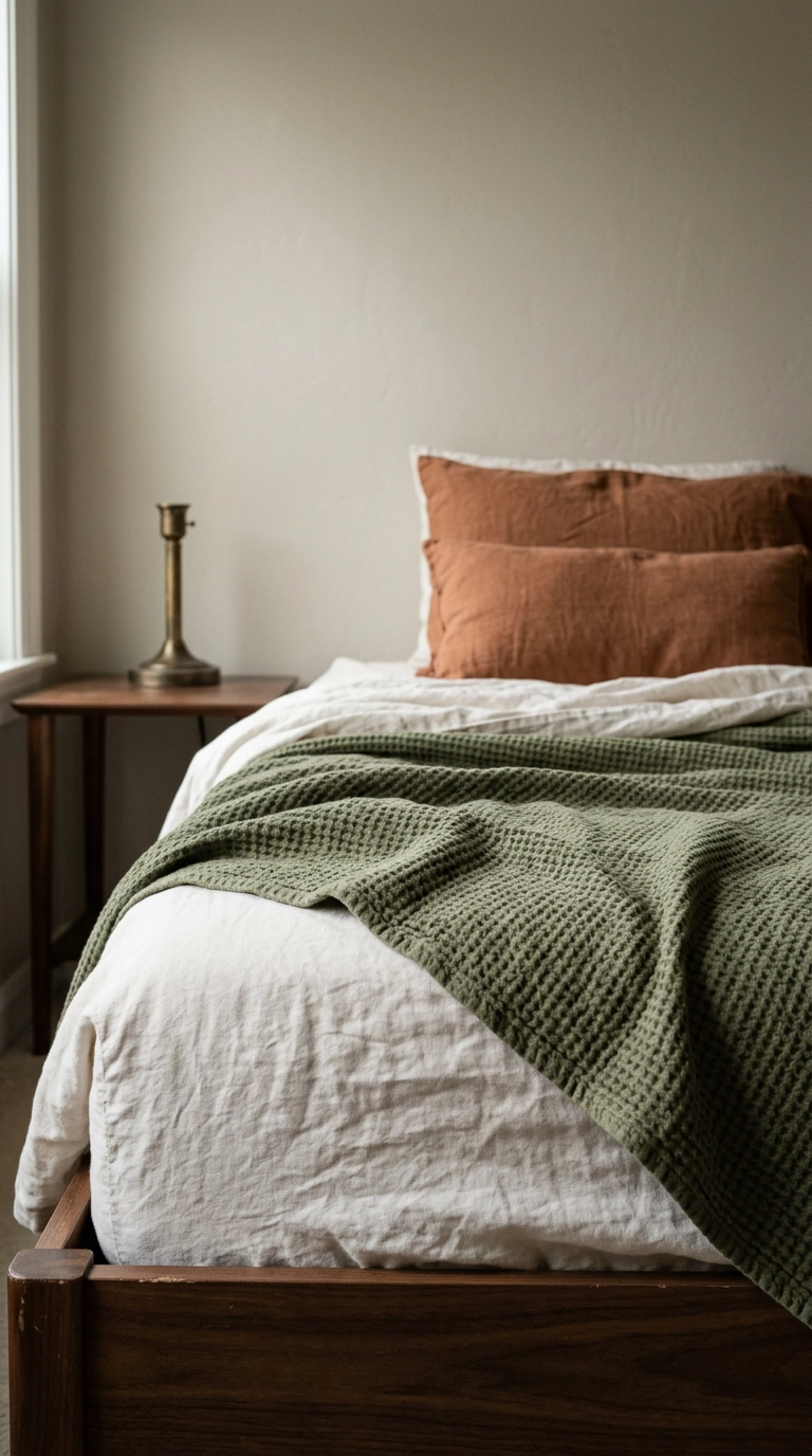 Moss green waffle blanket and rust lumbar pillow layered on a twin bed in a dinosaur bedroom