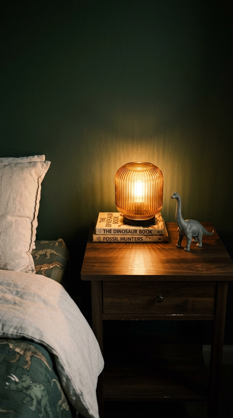 Amber ribbed glass bedside lamp glowing on a walnut nightstand in a dinosaur bedroom at night