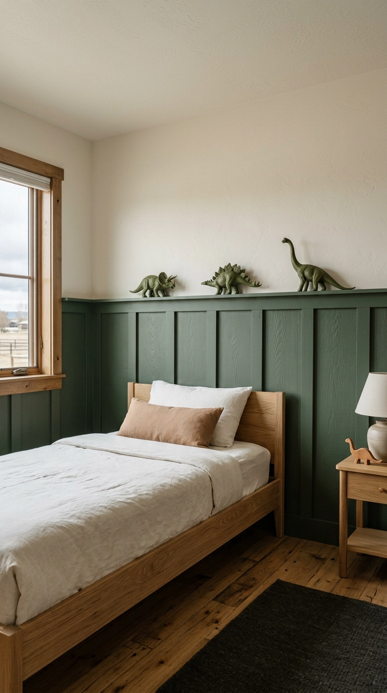 Forest green board and batten wall molding at chair rail height in a dinosaur bedroom