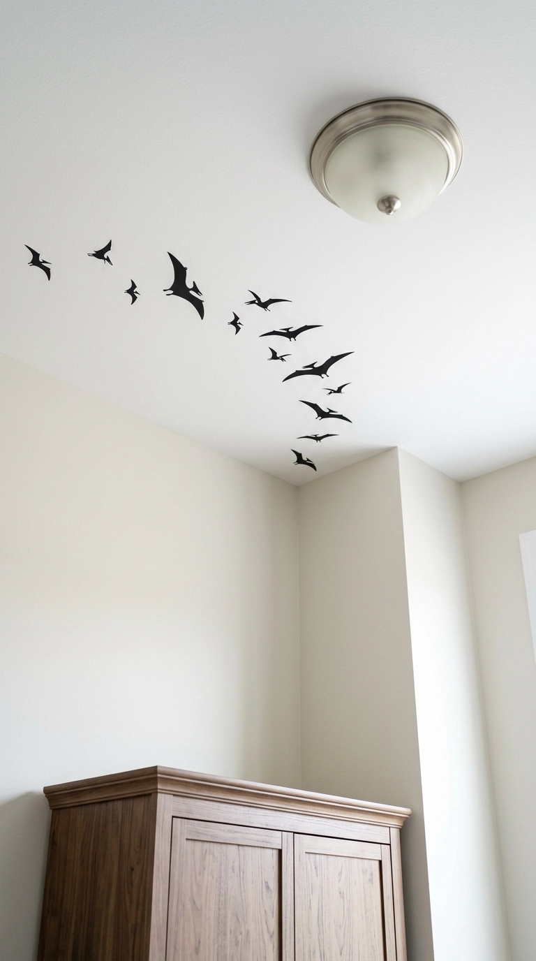 Black flying pterosaur decals arcing across a white bedroom ceiling in a dinosaur bedroom