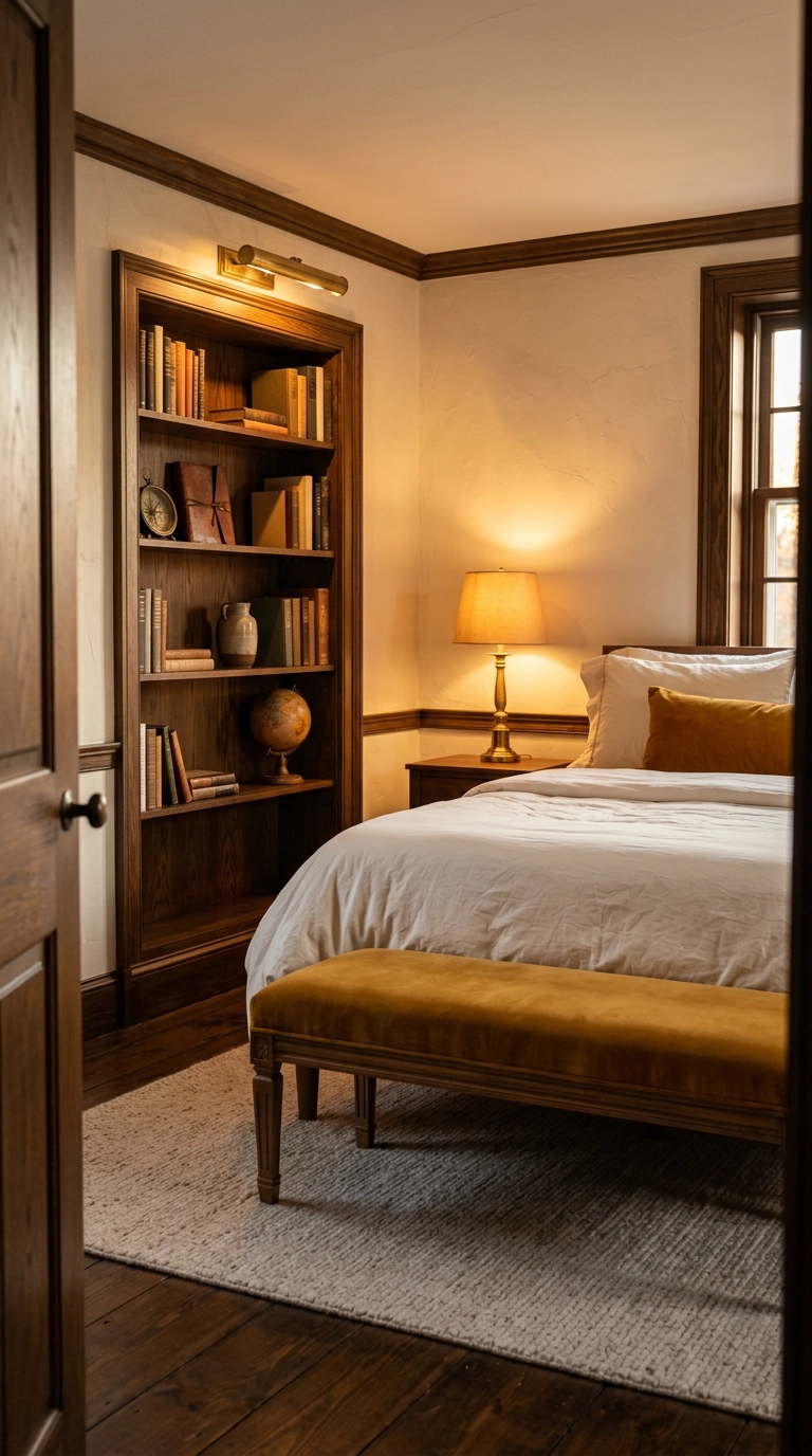 Mustard velvet bench and dark oak built-in bookcase in a warm bedroom