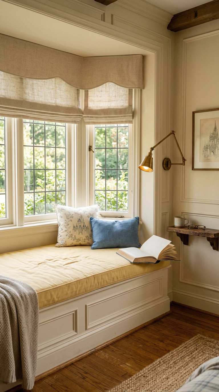 Butter yellow window seat cushion with curved valance in a cream bedroom nook