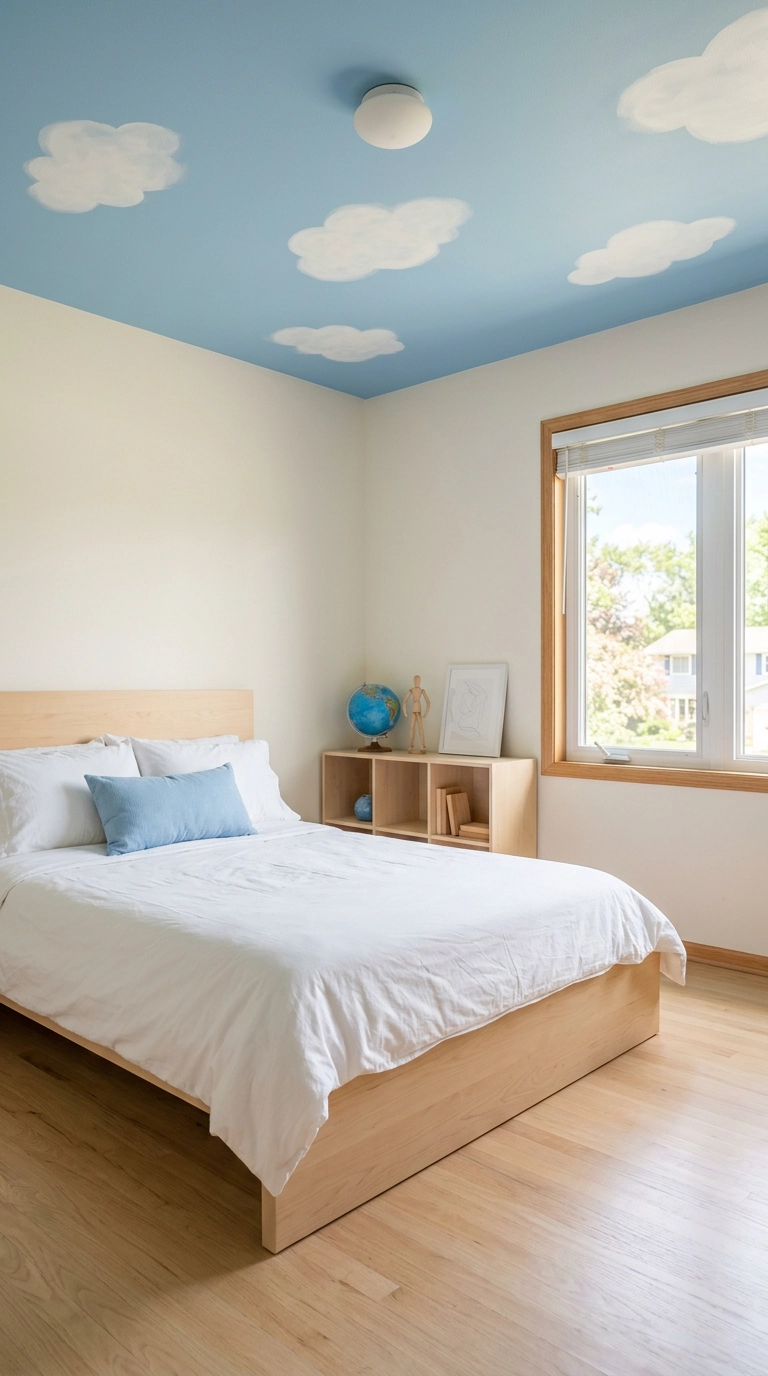 Sky blue ceiling with soft white clouds above a pale maple kids bed