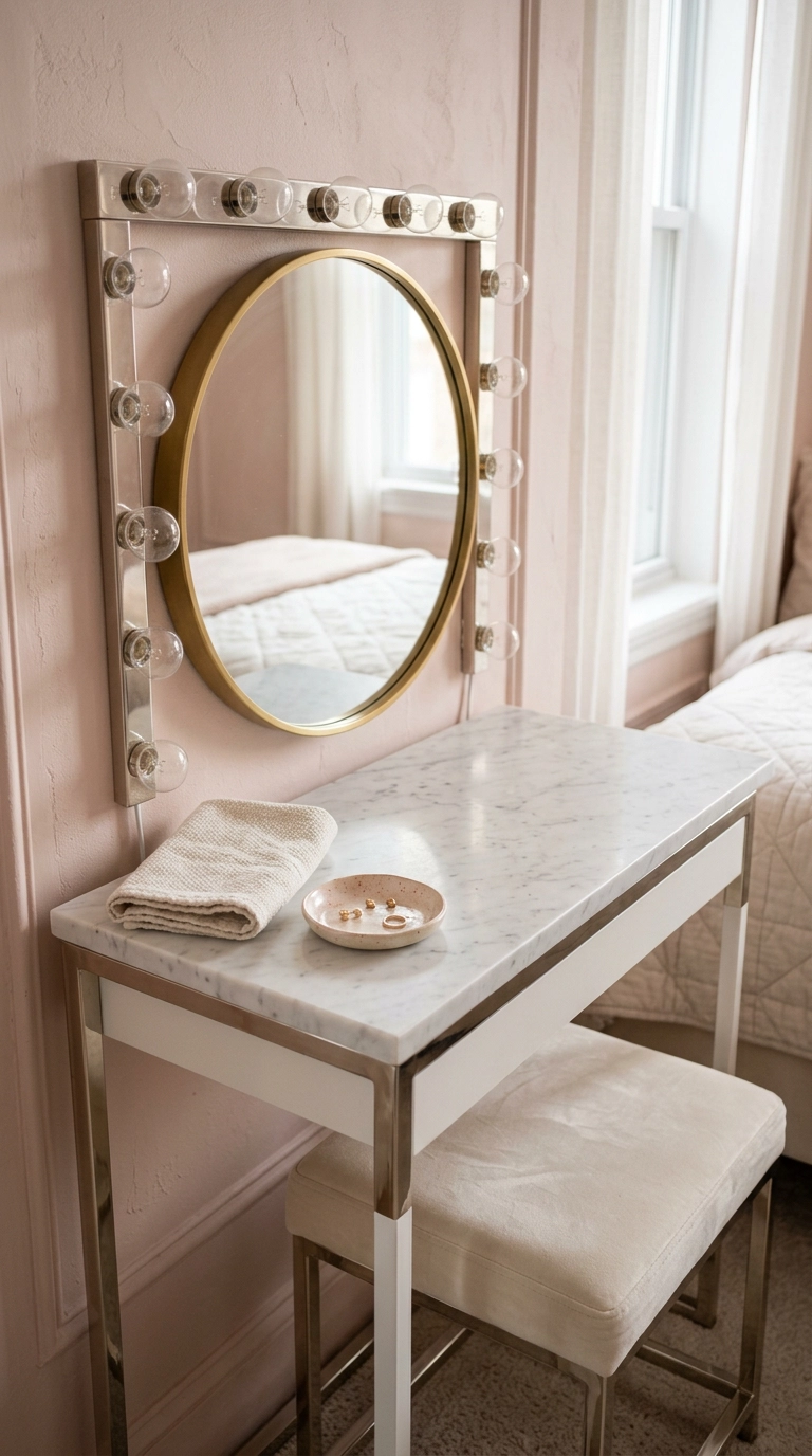 Brass vanity mirror with round bulbs against a blush plaster bedroom wall