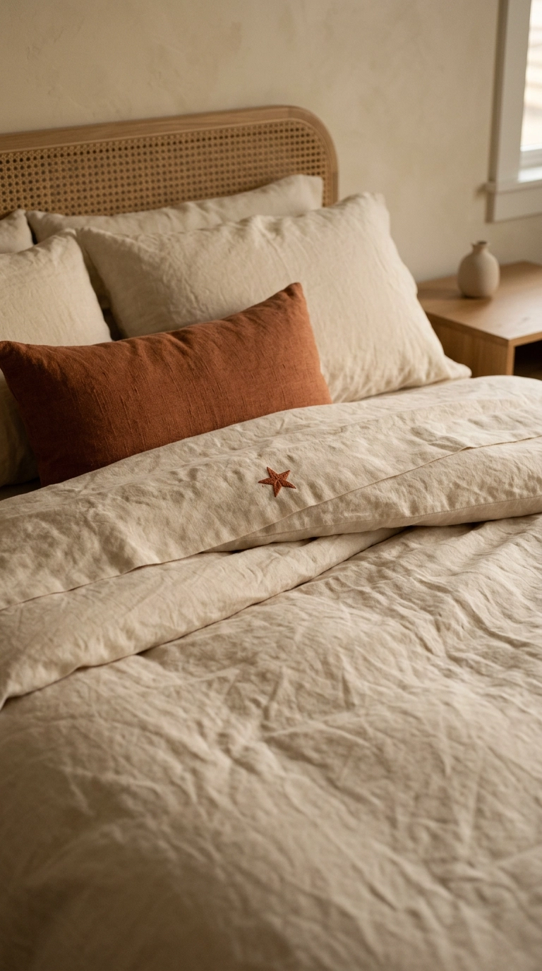 Ivory linen bedding with a single small terracotta embroidered star motif