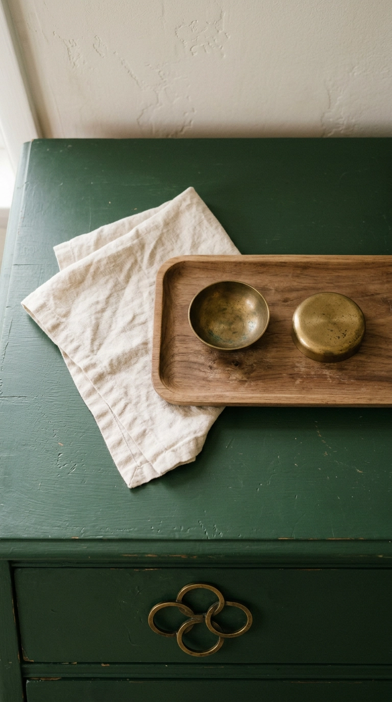 Aged brass three-circle drawer pull on a forest green dresser, overhead view