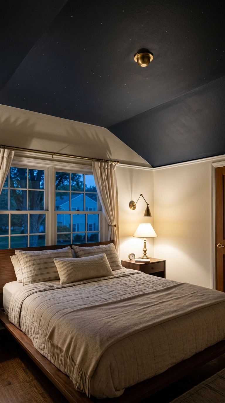 Charcoal-navy bedroom ceiling with faint painted stars above cream walls