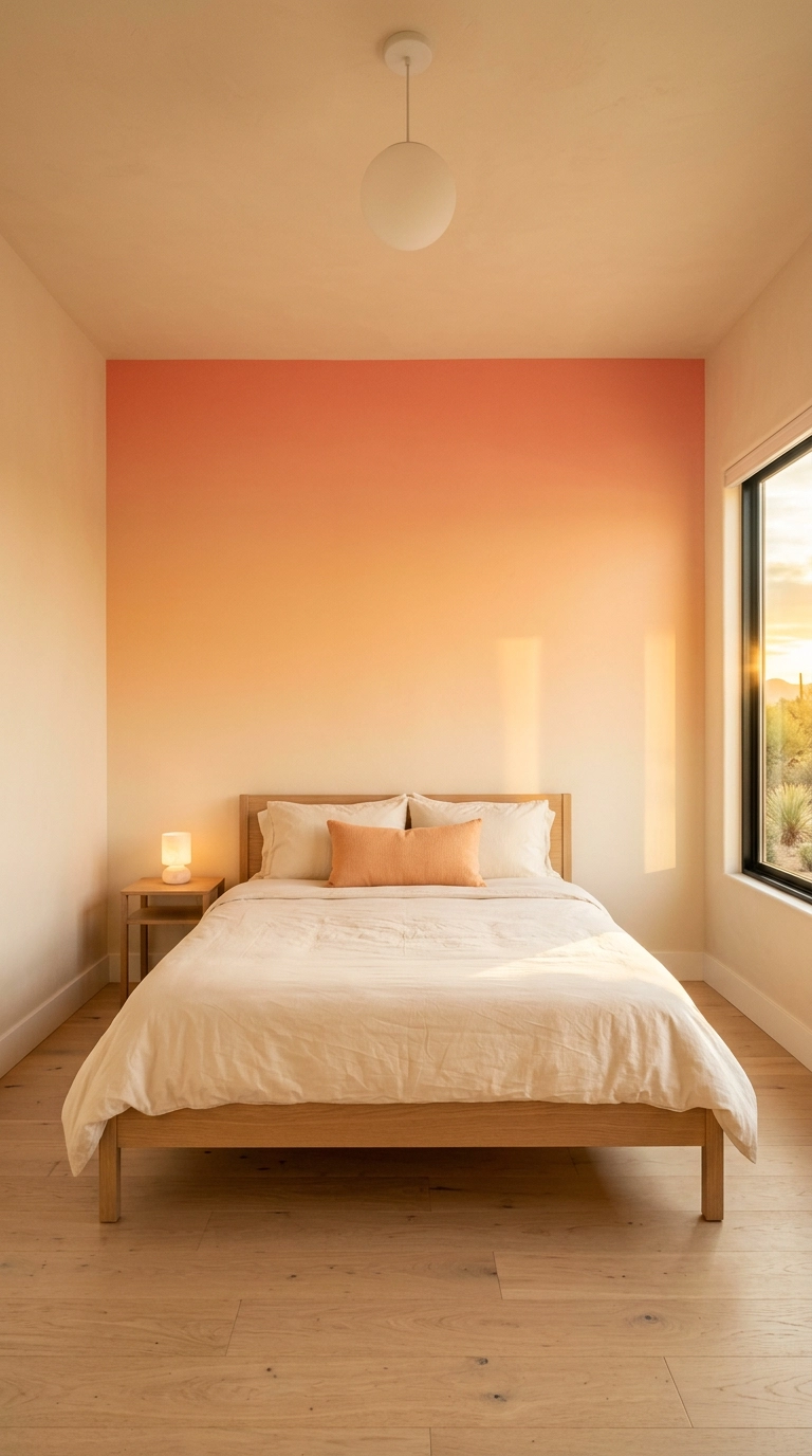 Coral to cream sunset gradient wall behind a white oak platform bed