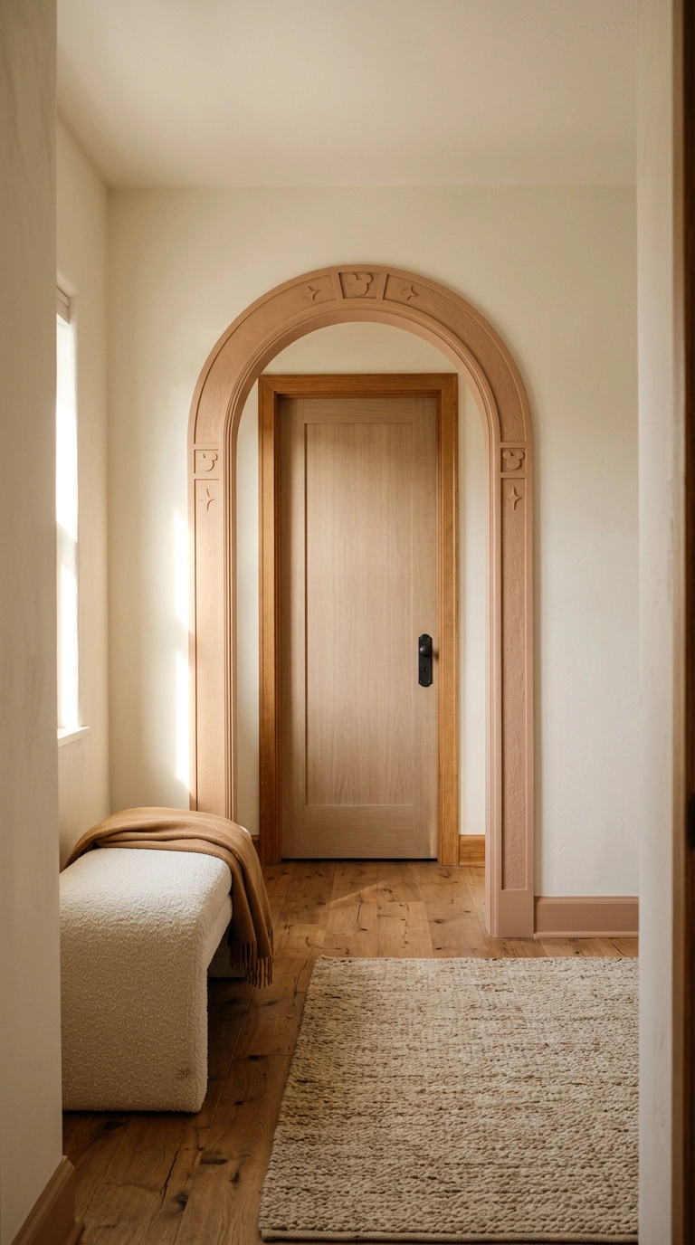 Clay-painted arched closet opening in a cream bedroom with oak floors