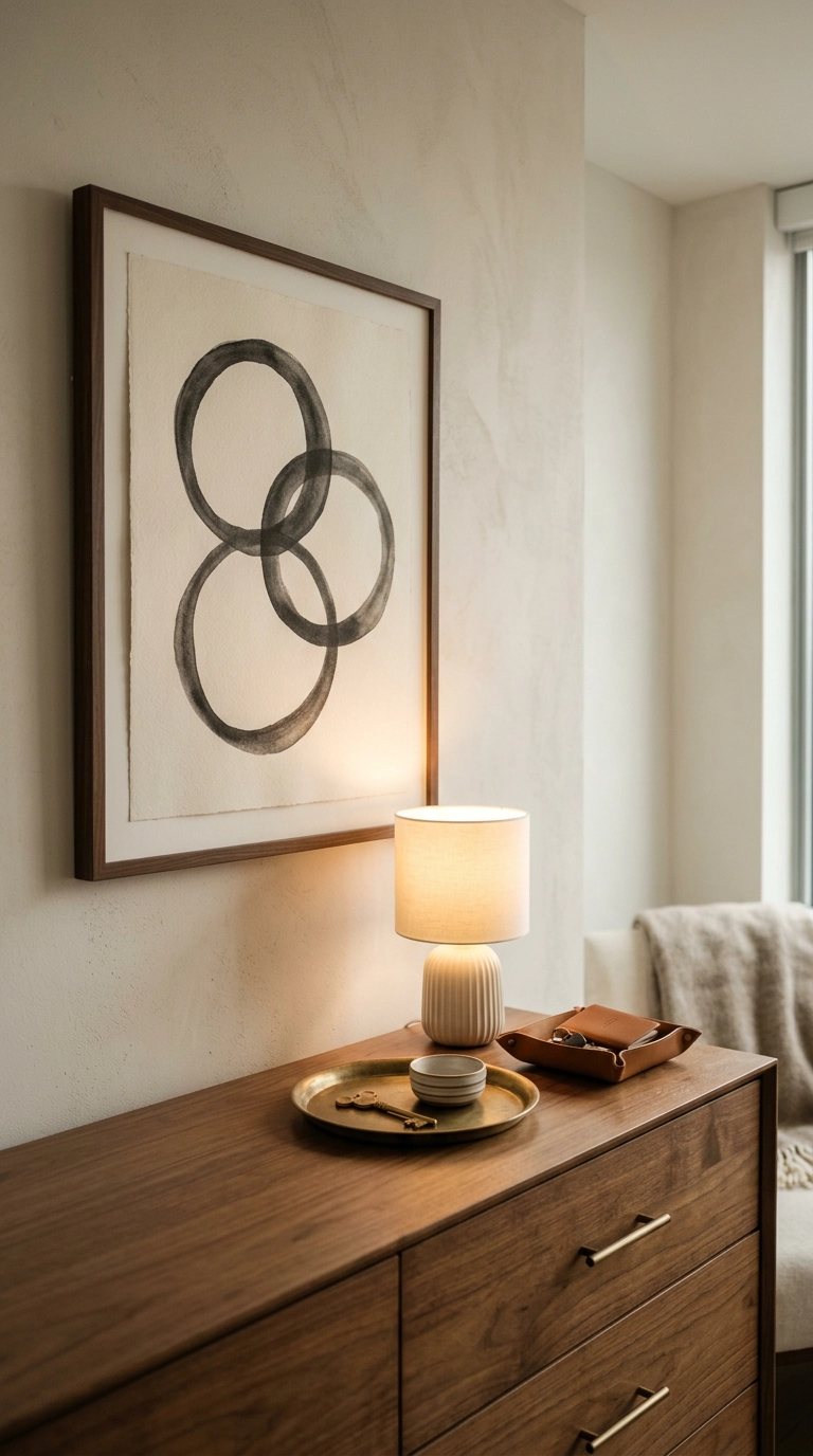 Abstract three-circle artwork above a walnut dresser in a neutral bedroom