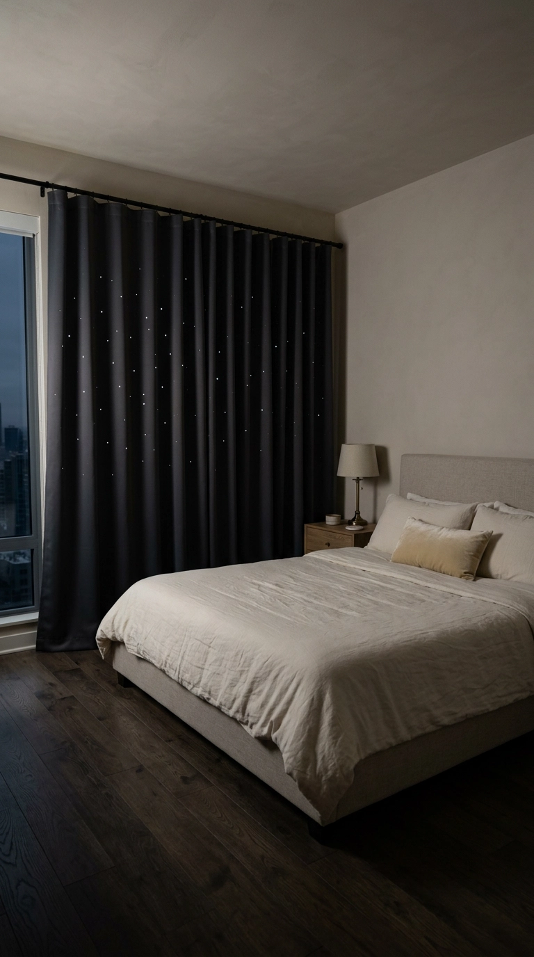 Charcoal blackout curtains with pinprick stars glowing in a dim bedroom