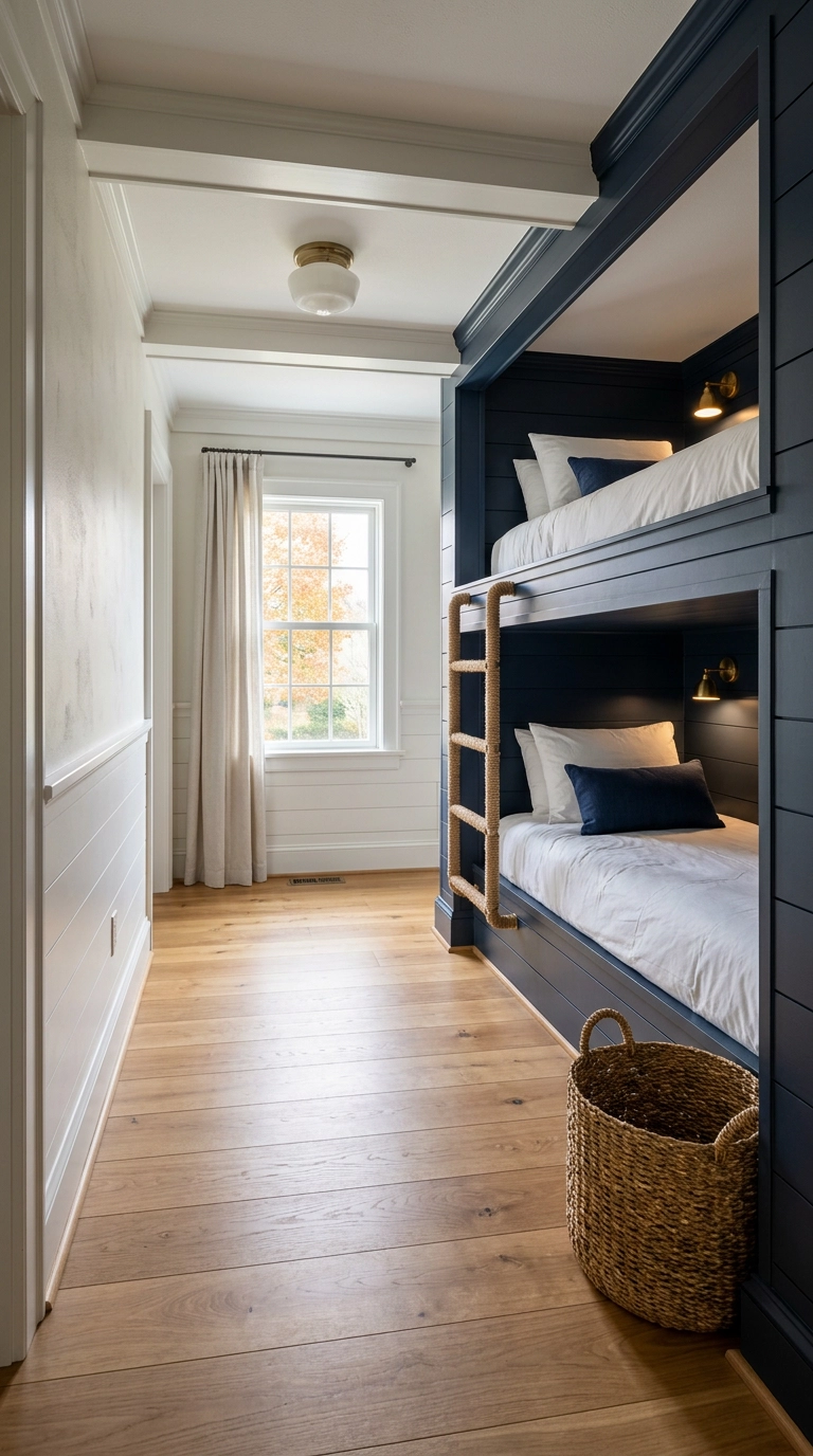 Navy shiplap built-in bunk beds with brass sconces and rope ladder rail