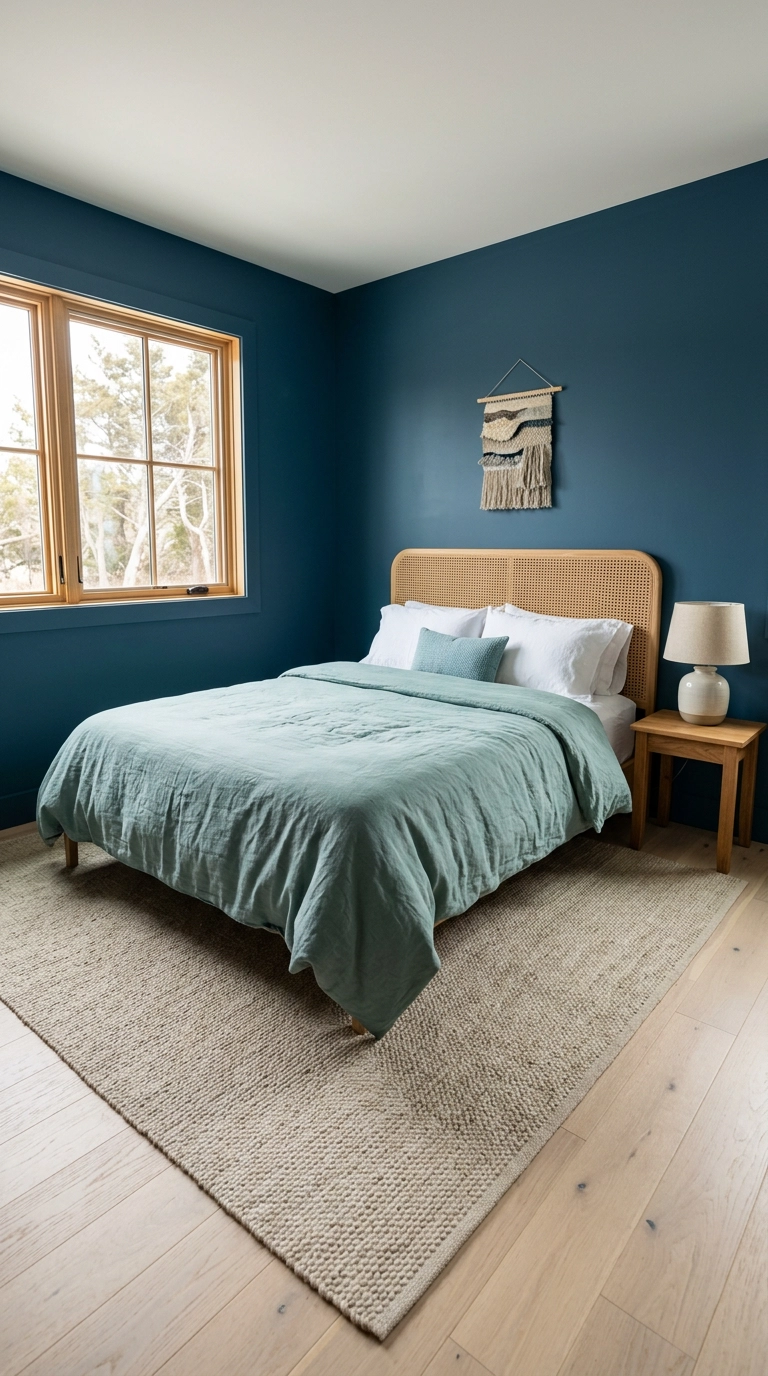 Deep sea-blue guest bedroom with rattan headboard and sea-glass linen bedding