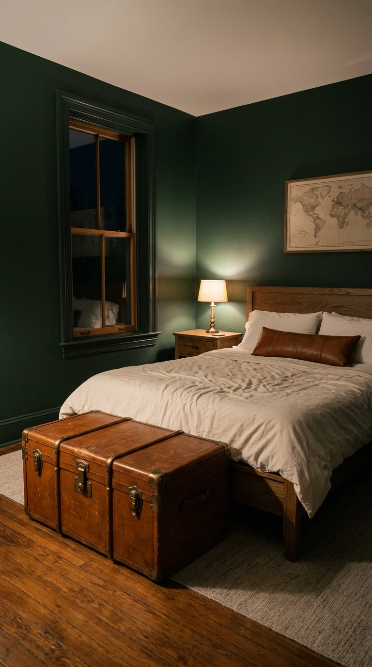 Cognac leather steamer trunk at the foot of a bed in a forest green bedroom