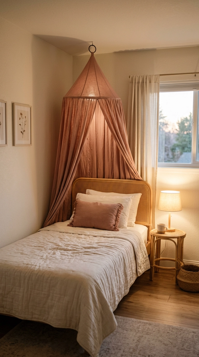 Dusty rose cone canopy above a rattan kids bed in a cream bedroom