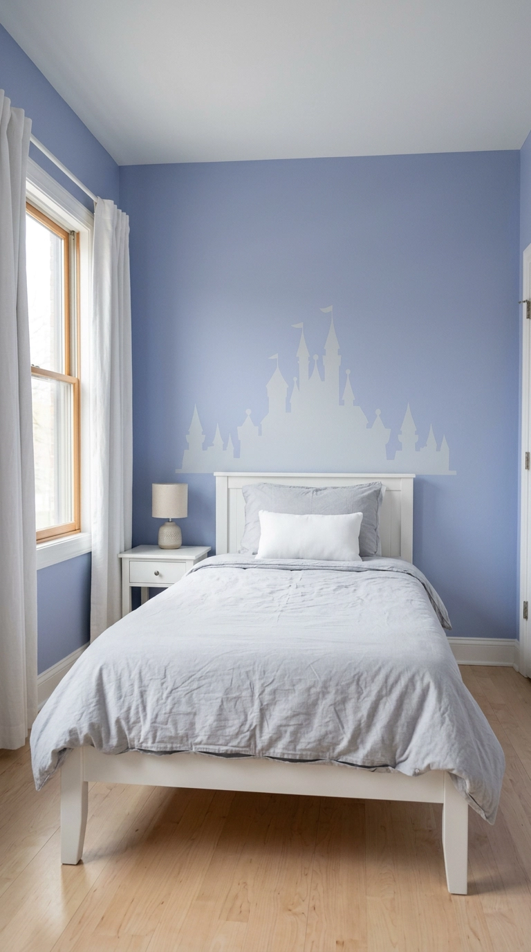 Pale grey castle skyline decal on a periwinkle wall behind a white twin bed