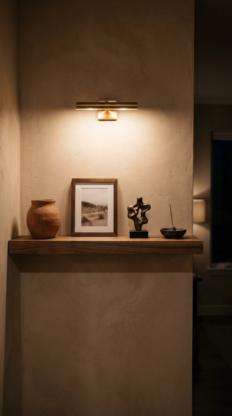 Walnut floating shelf with four sculptural objects on a clay limewash wall