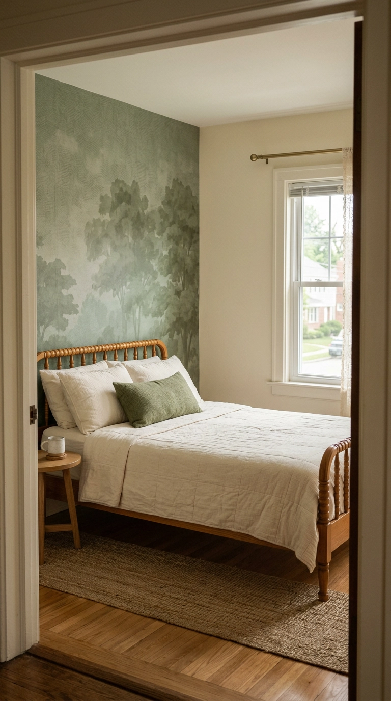 Mossy green forest wallpaper accent wall in a cream cottage-style bedroom