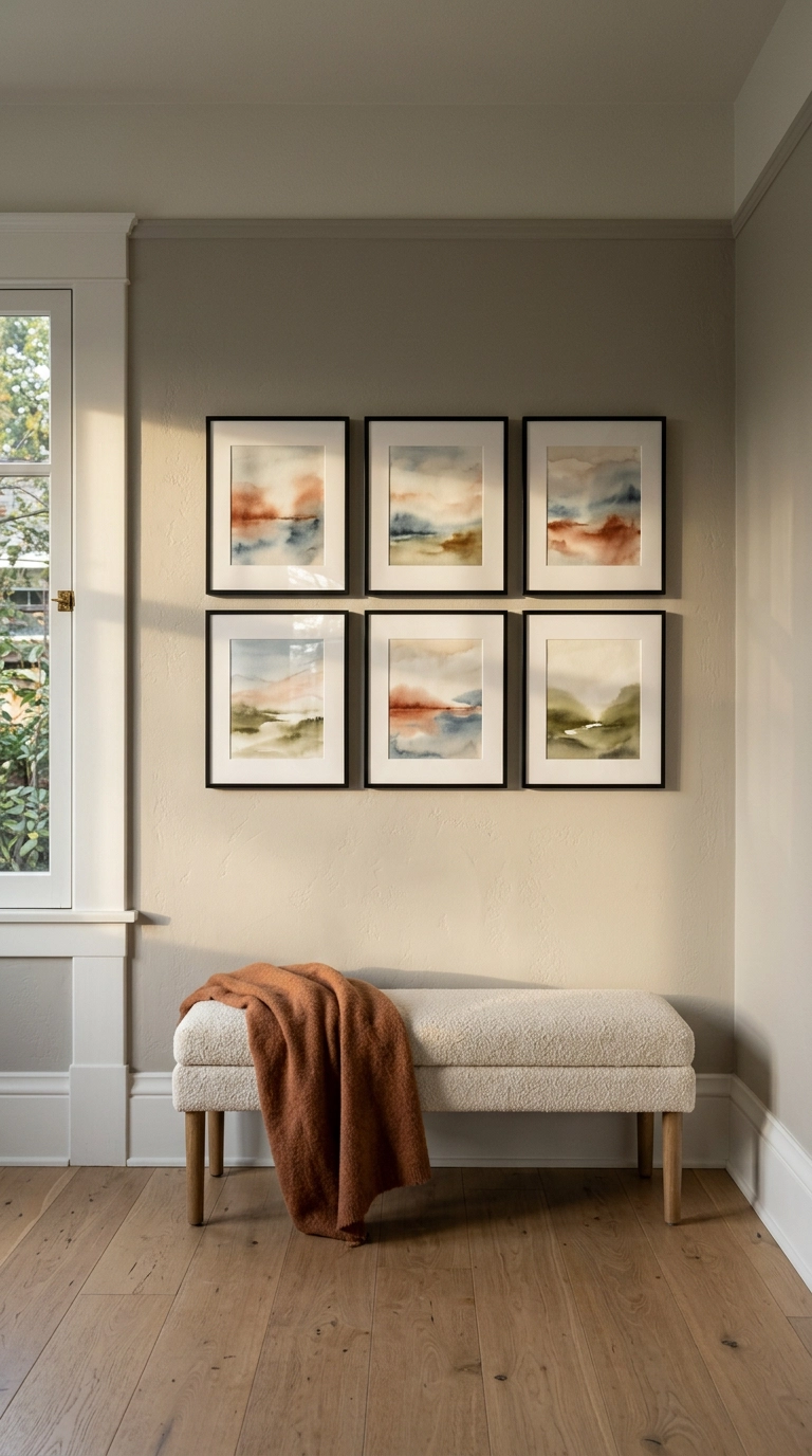 Grid gallery wall of six black-framed abstract prints above a cream bench