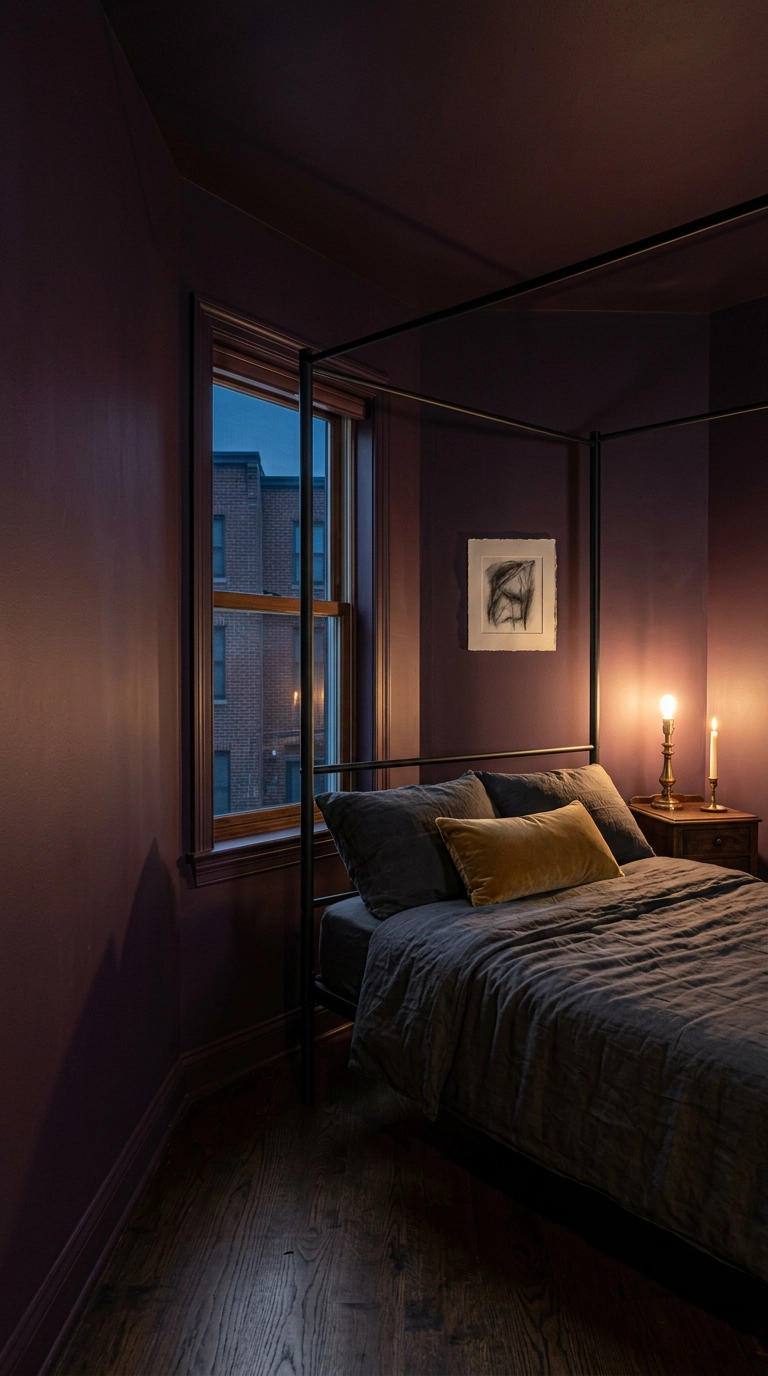 Aubergine color-drenched bedroom with black iron four-poster bed