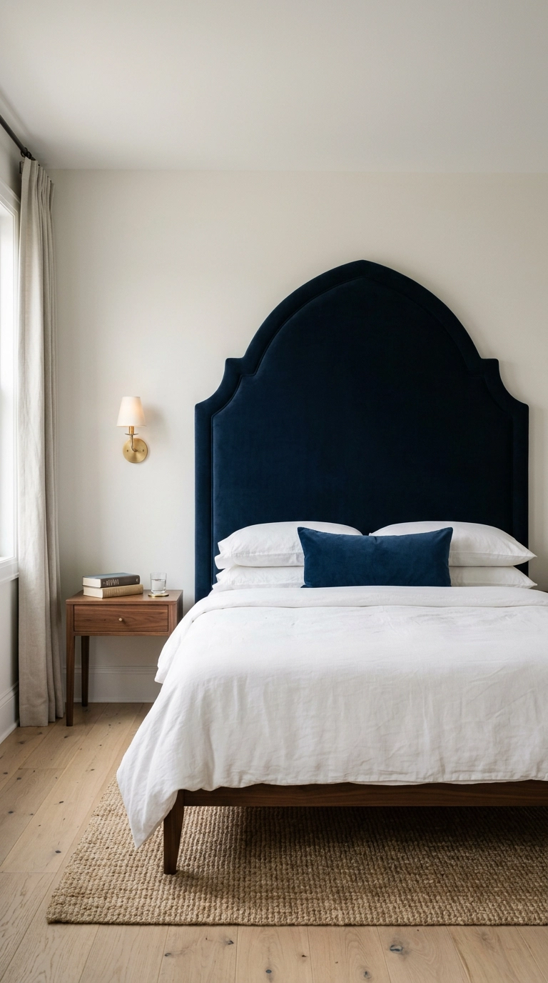 Arched ink-blue velvet headboard in a neutral bedroom with brass sconce