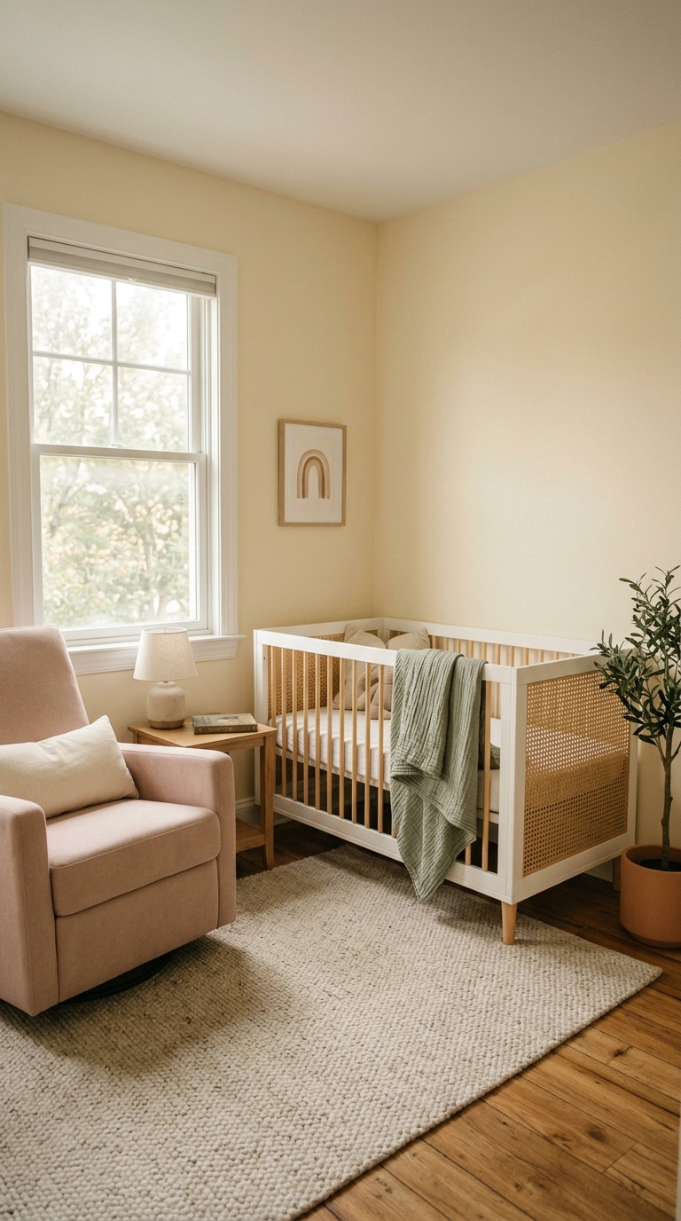 Buttermilk nursery with cane crib, blush glider and sage muslin blanket