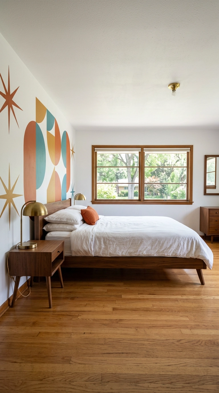 Retro orange and teal geometric mural behind a walnut midcentury bed