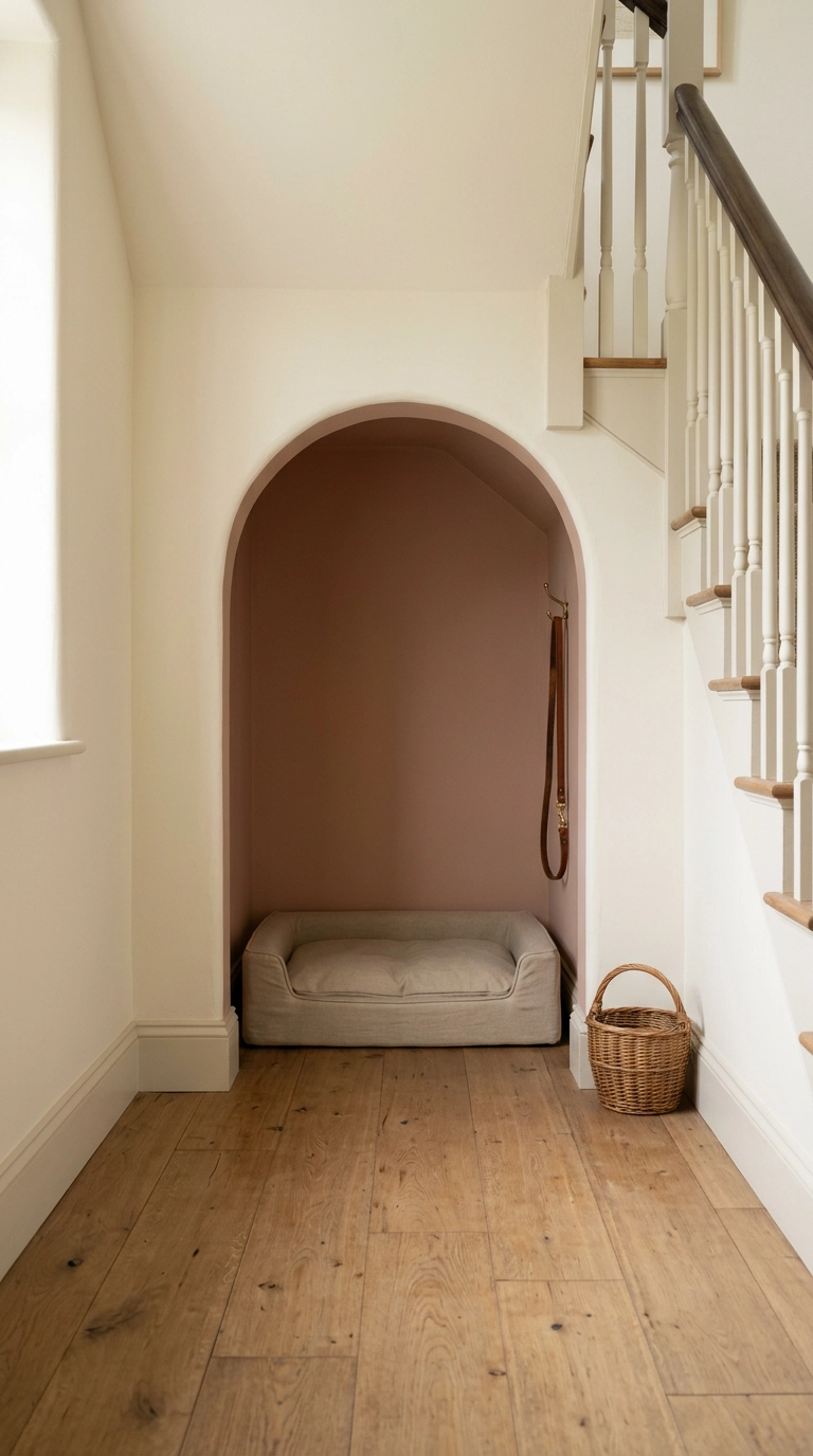 Arched under-stair dog bedroom nook painted muted clay with an oatmeal canvas dog bed