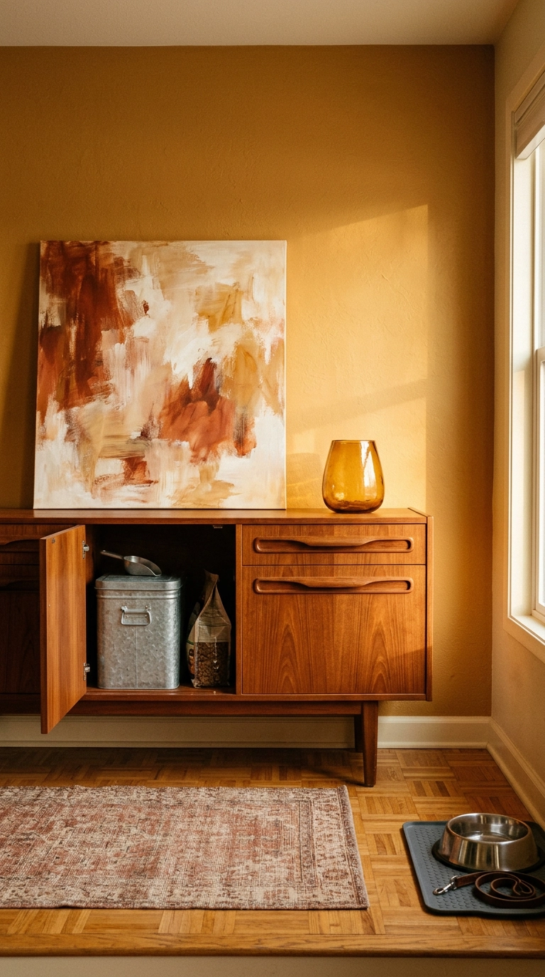 Vintage teak sideboard in a dog room storing a galvanized dog food bin behind one open door