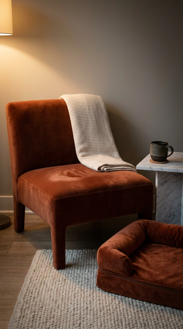 Rust performance velvet slipper chair with a matching zippered dog bed cover in a dog bedroom