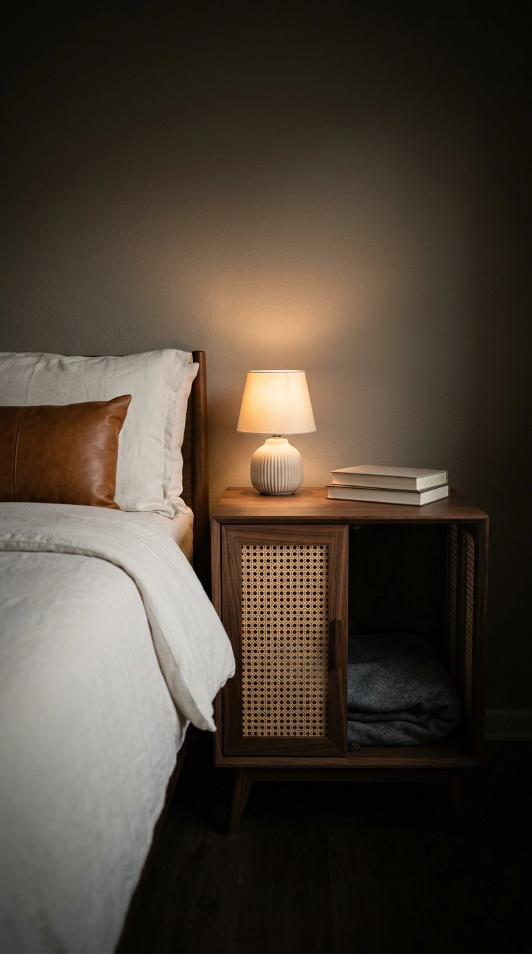 Walnut furniture-style dog crate with cane doors used as a bedroom nightstand beside a bed