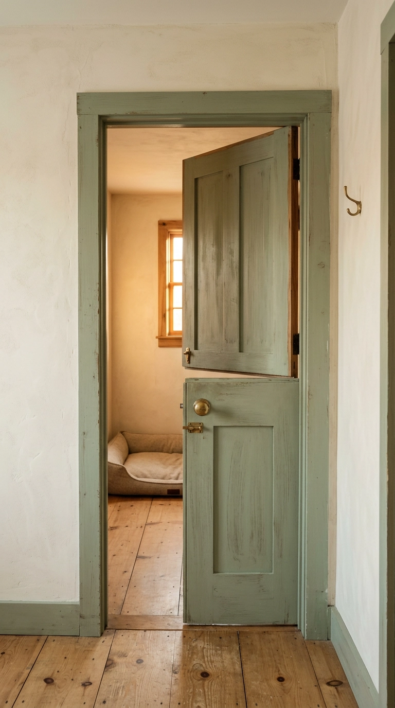 Sage green Dutch door into a dog room with the top half open and brass hardware