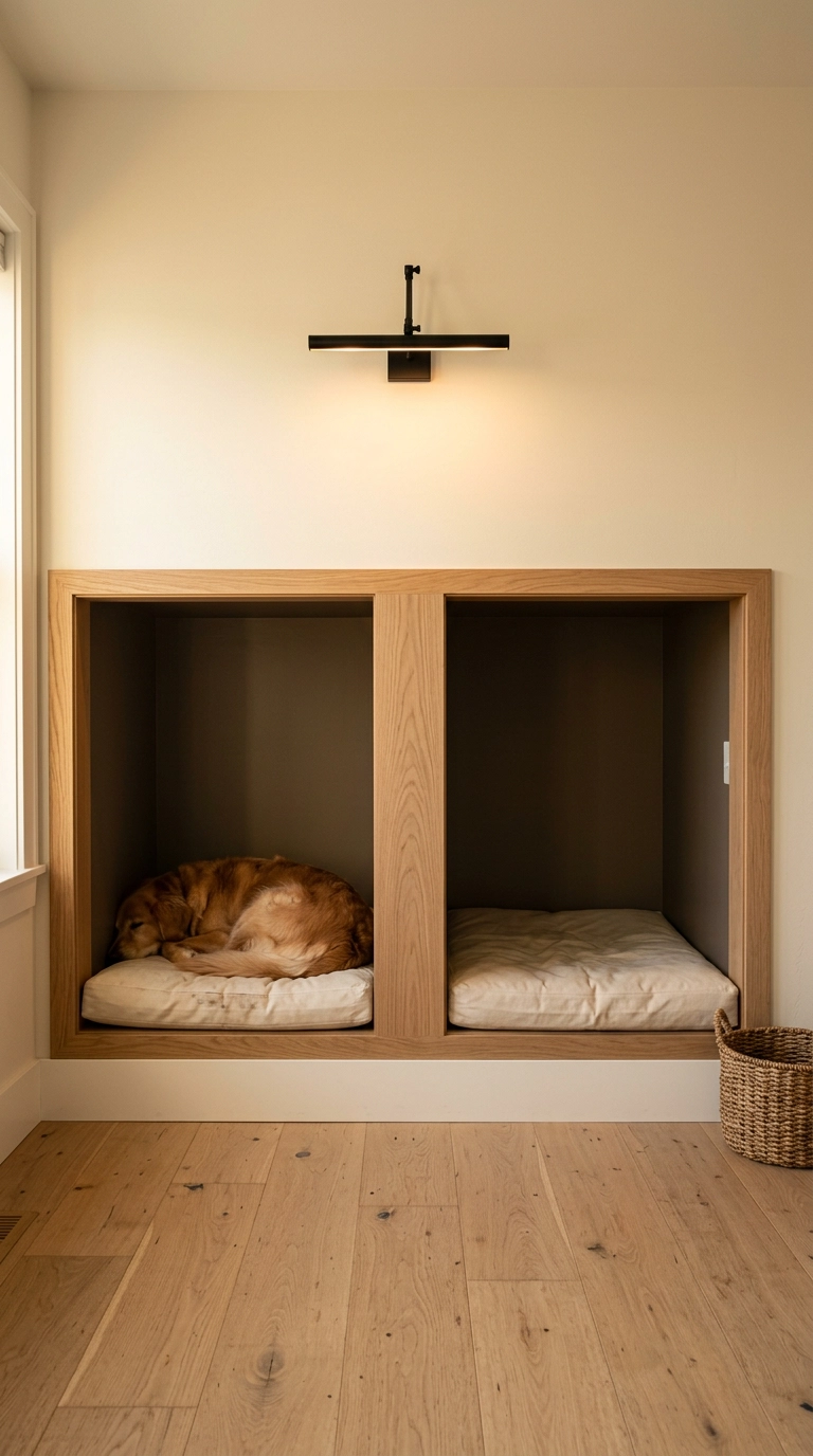 Two side-by-side built-in dog bedroom alcoves in white oak with ecru canvas cushions