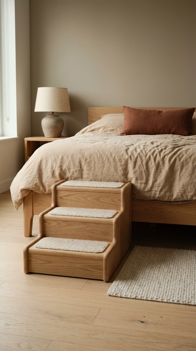 White oak dog stairs with boucle treads beside a low platform bed in a bedroom