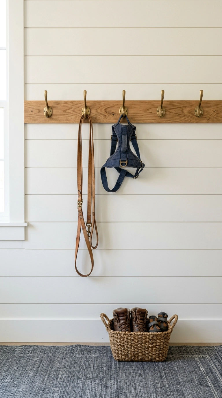 Dog room gear wall with a white oak rail and five brass hooks holding a leather leash and harness