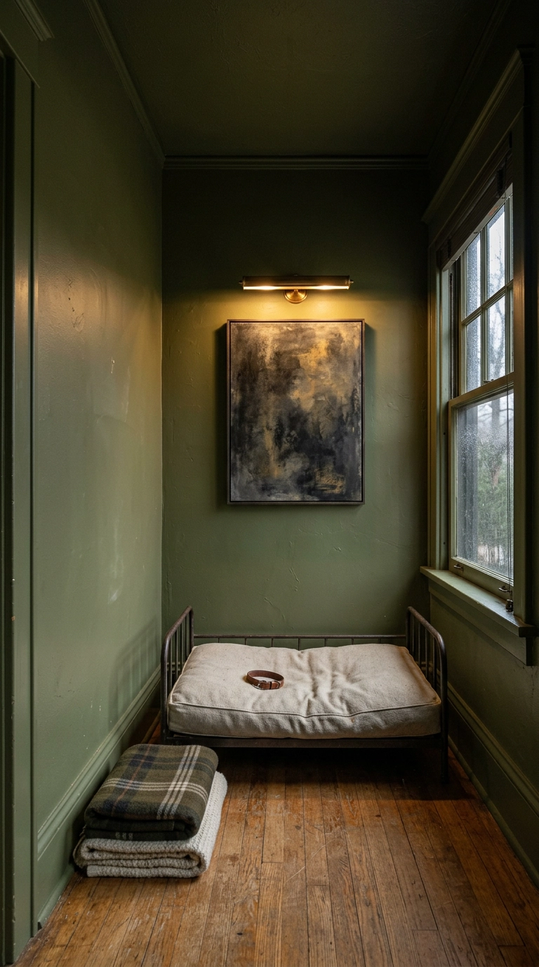 Small dog room color drenched in deep olive green with an iron-framed canvas dog bed