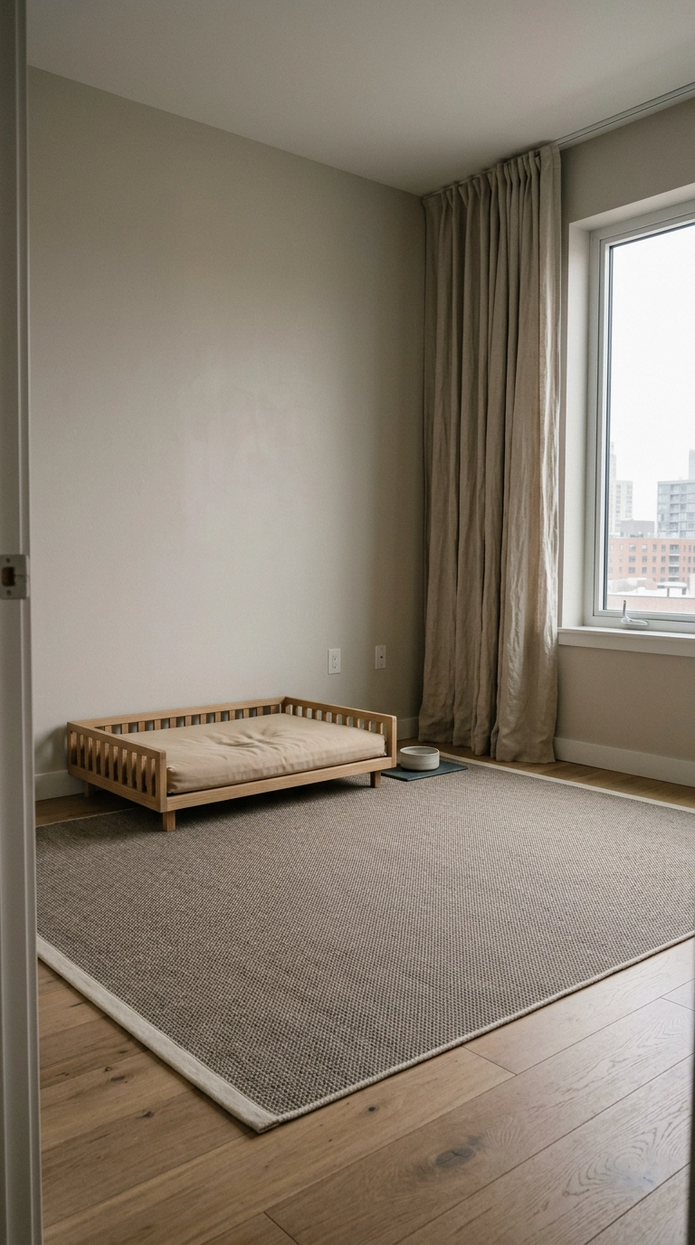 Dog bedroom with a washable mushroom flatweave rug over oak floors and a slatted oak dog bed
