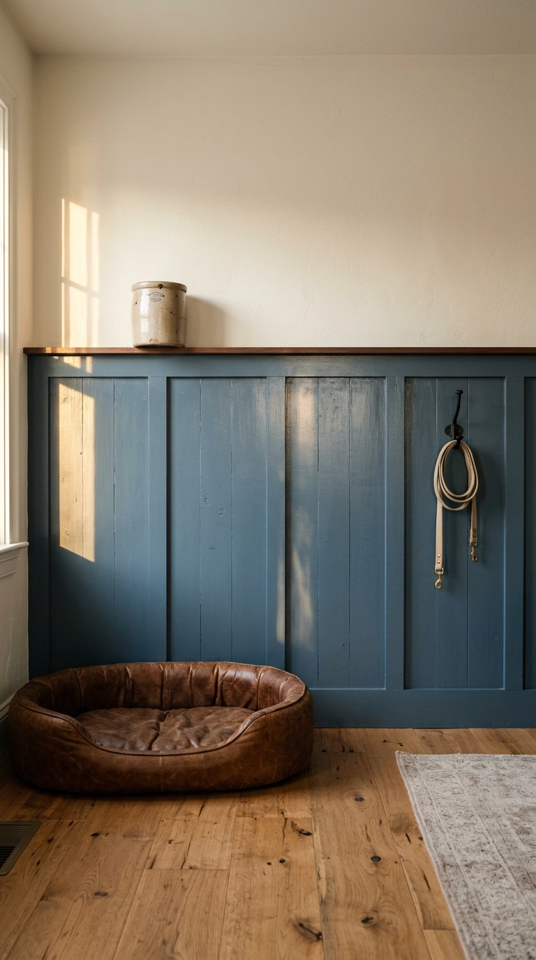 Dog bedroom with slate blue board and batten wall molding and a tobacco leather dog bed
