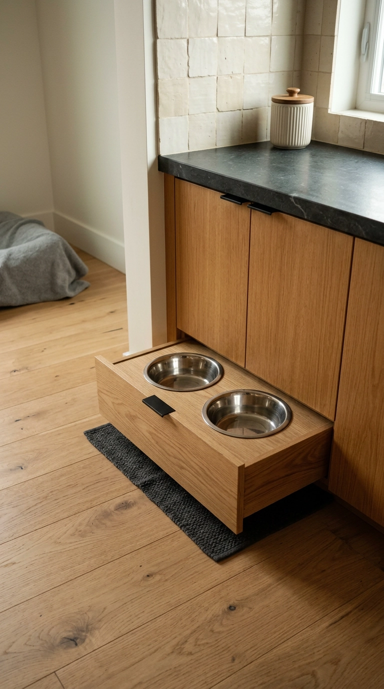 Dog bedroom feeding station with stainless bowls recessed into a pull-out oak toe-kick drawer