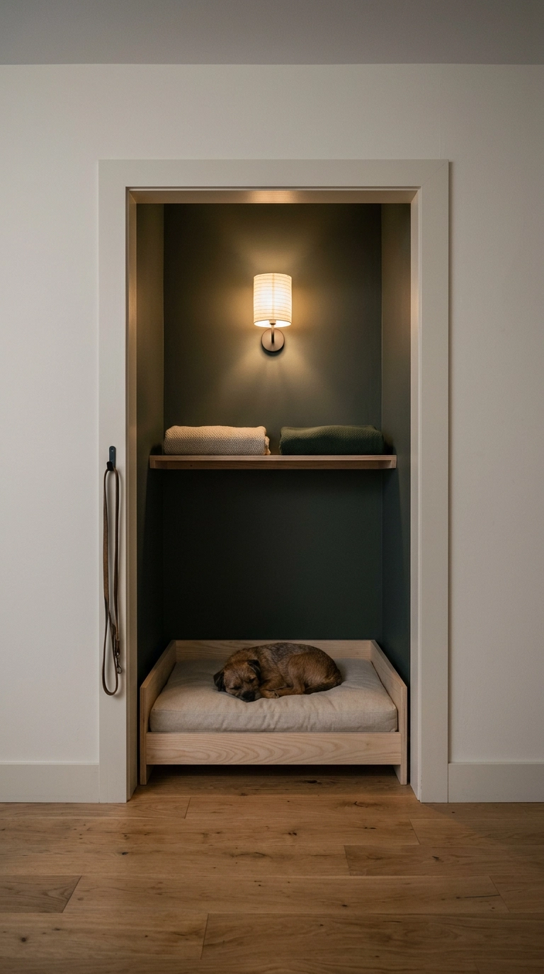 Reach-in closet converted to a dog bedroom den with charcoal-green walls and a low ash platform bed