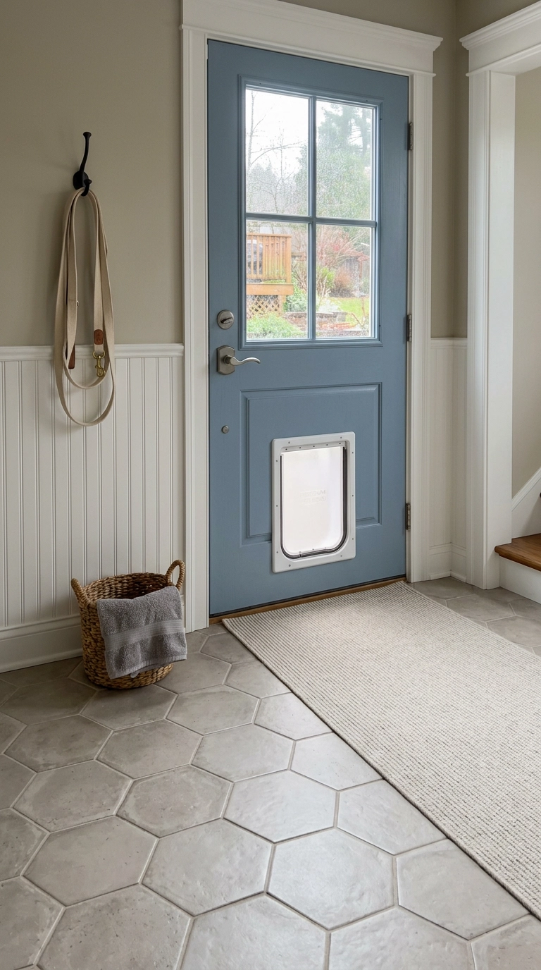 Dog door in a slate blue back door with hexagon porcelain tile and a washable oatmeal runner