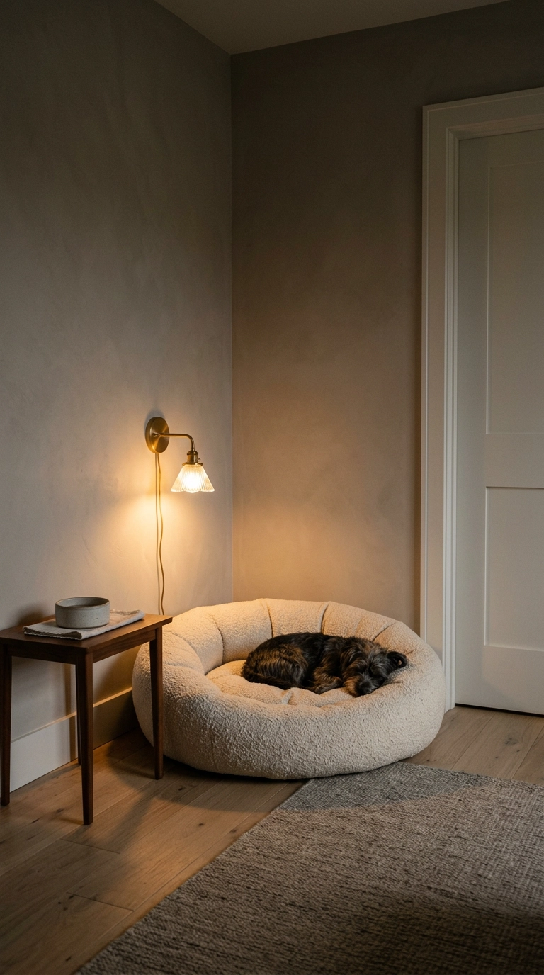 Dog bedroom corner with a boucle bolster bed under a low brass plug-in sconce
