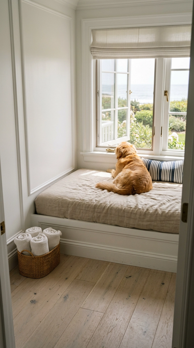 Dog bedroom daybed under a casement window with linen cushion and a dog sleeping seen from behind