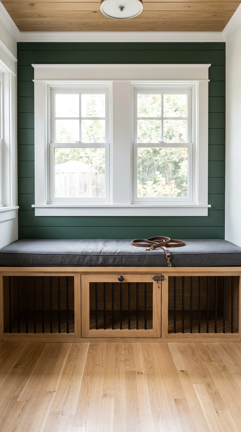 Built-in dog crate bench with black metal bars under two windows in a green shiplap dog bedroom