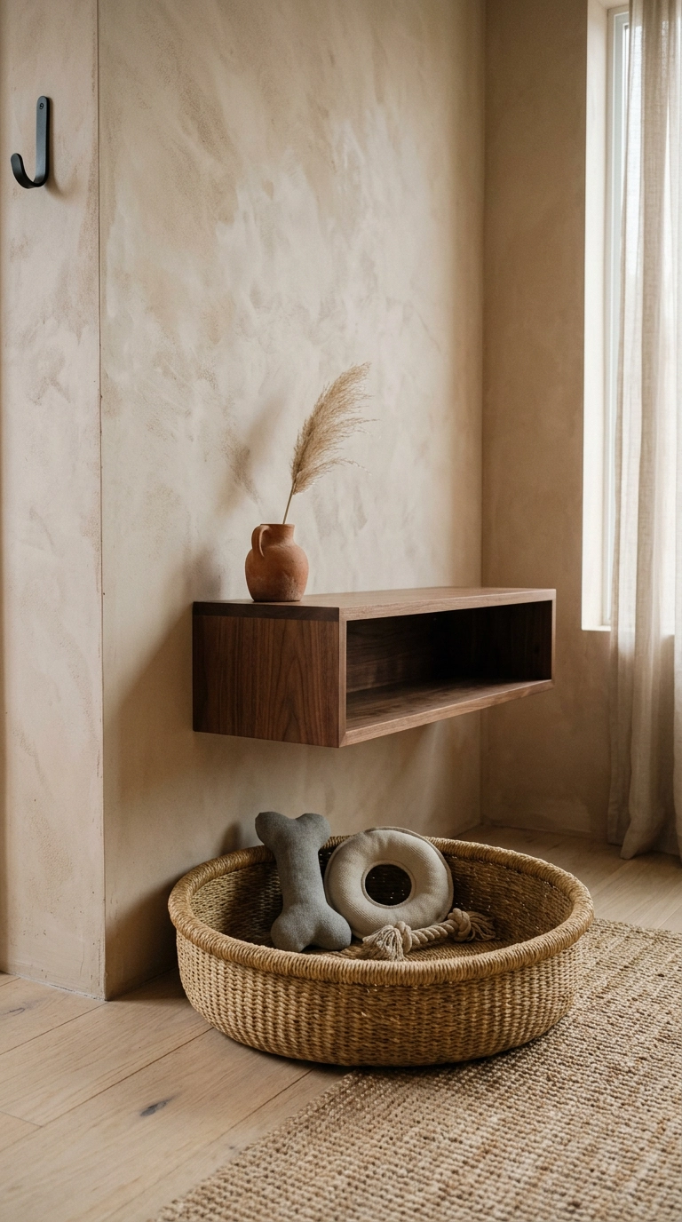 Dog room corner with a seagrass toy basket under a walnut console against a limewash plaster wall